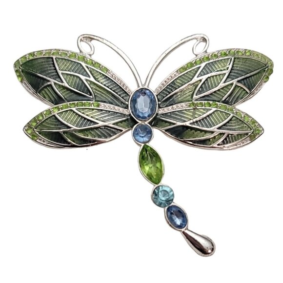 Napier Silver-Tone Green Blue Rhinestone Enamel Dragonfly Brooch Pin Signed E913 - Picture 9 of 9